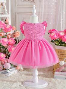 SHEIN Glamorique Kids Baby Girl And Elegant Butterfly Decorated Mesh Ruffle Hem Embroidery Dress - Hot Pink - View 3