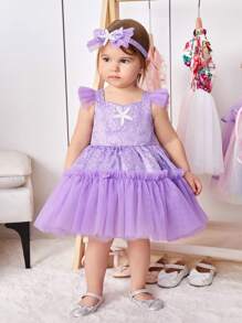 SHEIN Baby Girl Cute Mesh Dress With Ruffle Hem, Faux Pearl And Sequin Decor Accessory Set - Purple - View 6