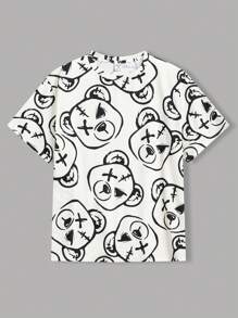 SHEIN Leap Crew Ensemble De 3 T-shirt À Manches Courtes En Tricot Amples Et Imprimés De Motif D'ours Pour Garçons D'âge Moyen De Style Coréen, Un Dans Chaque Couleur - Jaune citron - Voir 7