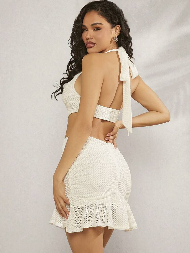 Pointelle Crop Top & Ruffle Skirt Two Pieces Set