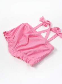 Baby Girl Summer Solid Color Butterfly Decoration Sleeveless Top And Contrast Mesh Shorts Skirt Separated Set - Pink - View 5