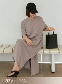 Dazy-Less Vestido casual de verano para mujer con cuello redondo, mangas cortas, hombros caídos y unicolor. Vestido casual y de negocios casual para mujeres