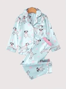 SHEIN 女小童卡通圖案拼接滾邊緞面睡衣套裝 - 淺藍色 - 查看 6