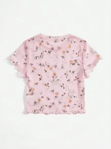 SHEIN EZwear Valentine's Day,Women's Plus Size Summer Vacation See-Through Mesh Purple Shirt With Ditsy Floral Print And Wavy Edged Hem Short Sleeve T-Shirt