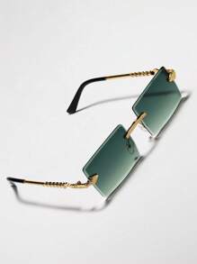 POLASUP 1pc Unisex Serpent-Shaped Metal Frameless Geometric Fashion Glasses With Diamond-Shape Cut Edges, Suitable For Outdoor Travel (Comes With Glasses Case, Cleaning Cloth, And Lanyard) Halloween For Summer Beach Vacation,Outdoor,Travel - 漸層橄欖綠鏡片 - 查看 5