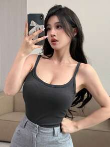DAZY Áo ba lỗ cổ tròn, áo ngực tích hợp, phù hợp với mọi mùa, tập luyện - Màu xám đen - Xem 4