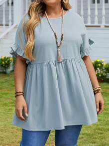 EMERY ROSE 大码女式时尚宽松圆领蕾丝袖浅蓝色衬衫母亲节 - 藍色 - 查看 3