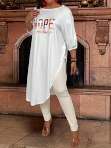 Calvaya Plus Size Loose Fit Long T-Shirt With Letter Print - White - View 4