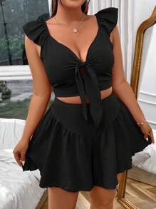Flirla Plus Size Women's Summer Front Tie Flutter Sleeve Top And Shorts Set