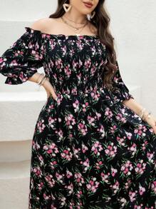 Mulvari Plus Size Summer Casual Off-Shoulder Floral Print A-Line Dress