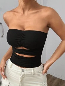 StreetHx Women's Summer Strapless Wavy Hollow Out Slim Fit Top,Ladies Casual,Sexy Cut Out,Ruched Strapless Slim Fit Black Plain Women Tops,Spring/Summer,Party/Nightclub Outfits - Black - View 4