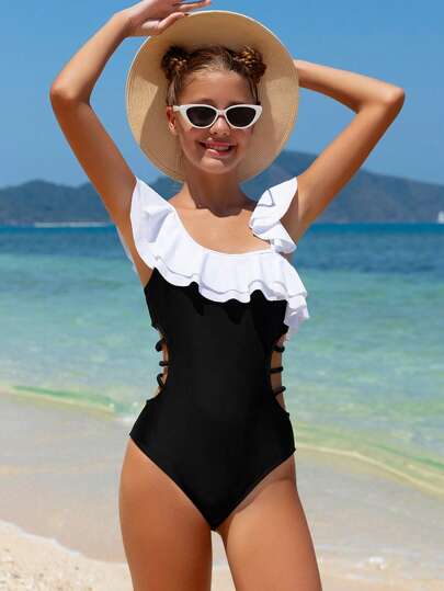 Teen Girl One Piece Swimsuit With Color-Block, Ruffle Trim And Hollow Out Detail