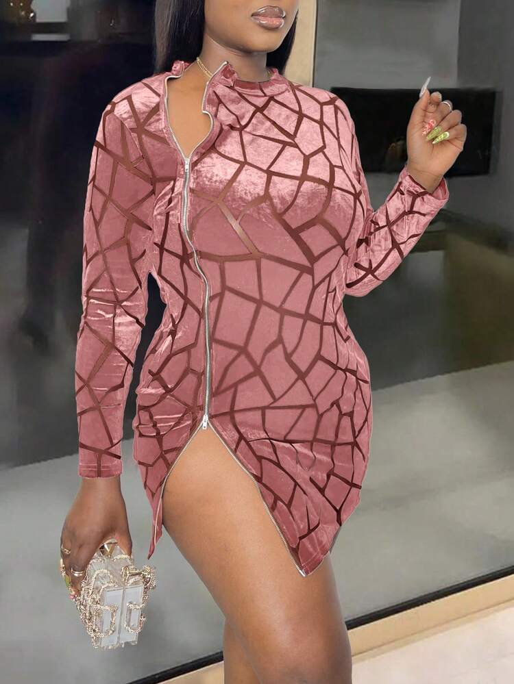 Plus Size Colorblock Cracked Seam Bodycon Mini Dress With Diagonal Zipper For Spring And Summer