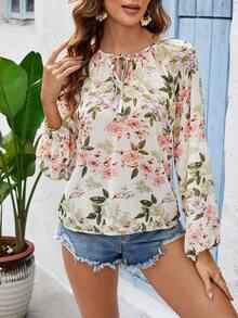 SHEIN VCAY Women's Spring/Summer Holiday Style Floral Printed Tie Neck Lantern Sleeve Blouse - Multicolor - View 3