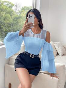 GENKIRA Camisa de manga larga con volantes en dobladillo y en unicolor - Azul - Ver 3