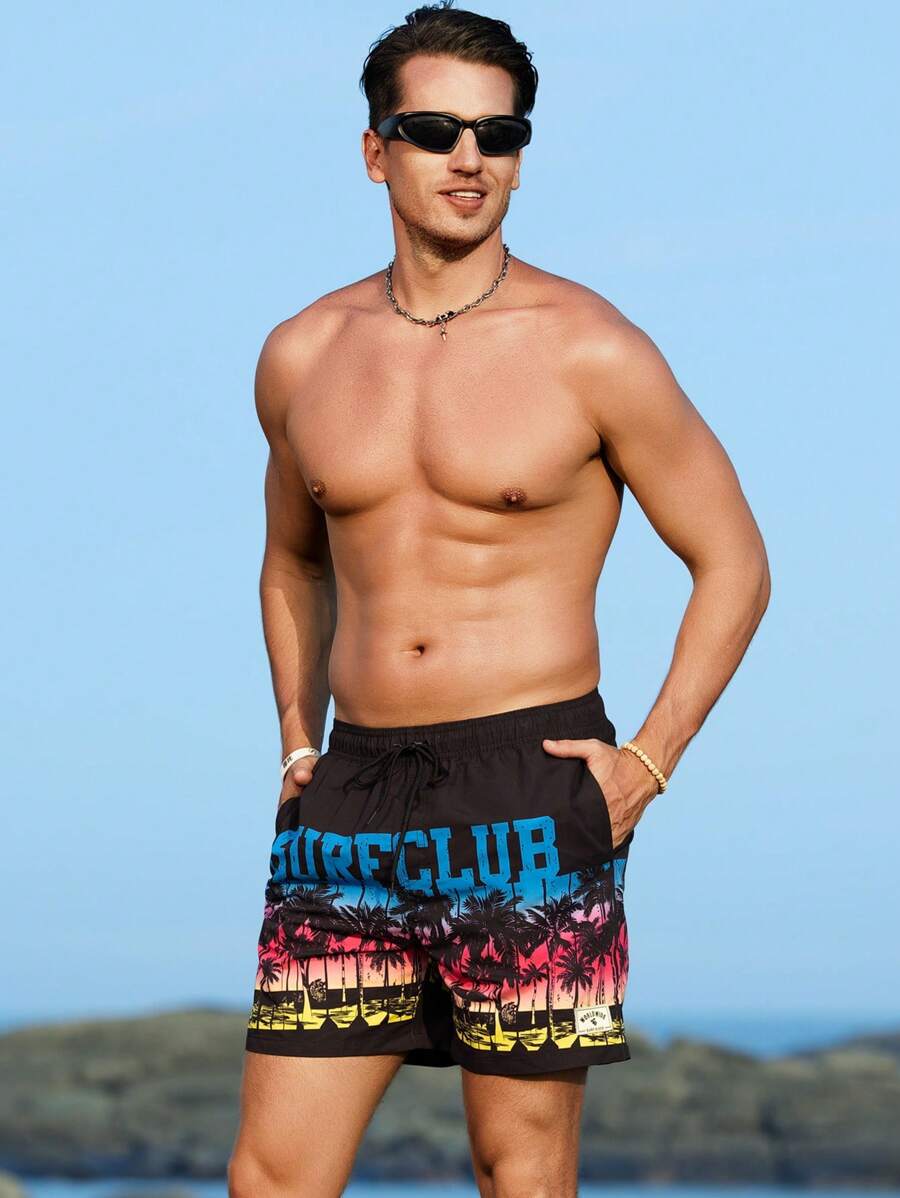 Surfspeed Men's Elastic Waist Drawstring Palm Tree Printed Beach Shorts - Black - View 1