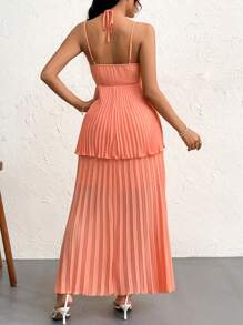 SHEIN Privé 女士夏日假日優雅清爽雪紡褶裙蛋糕吊領連身裙 - 藕粉色 - 查看 2