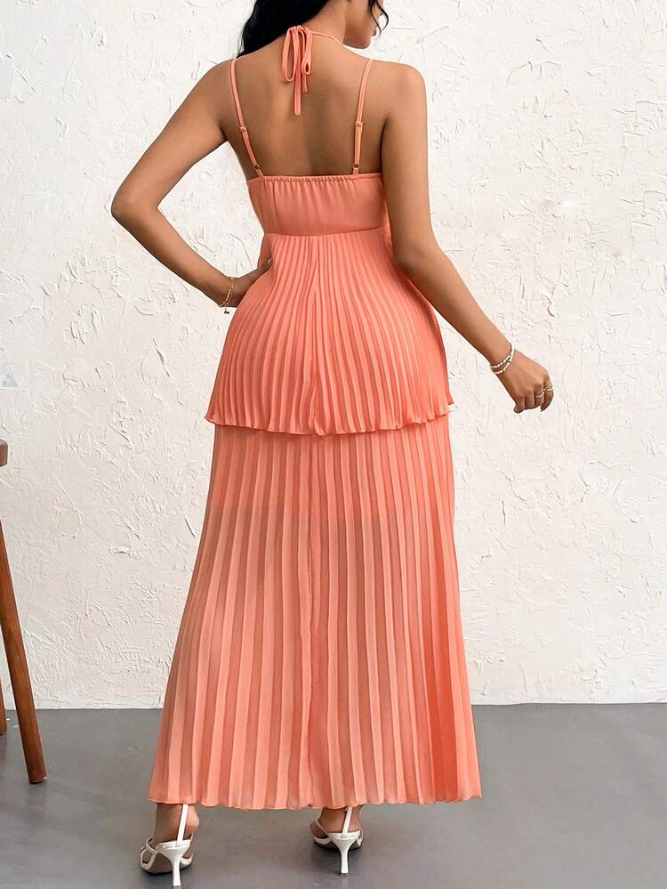 Women's Elegant & Breezy Chiffon Pleated Cake Halter Neck Dress For Summer Holiday