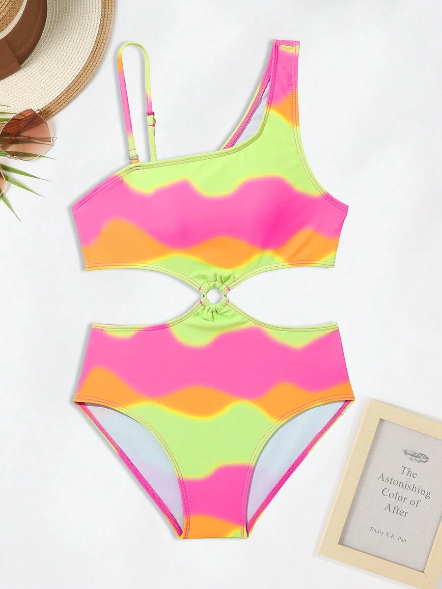 SHEIN 中小學女孩彩色拼接及中空泳衣 - 彩色 - 查看 1