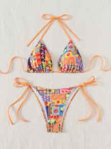 Swim Mod Summer Beach Women's Fruit Printed Halter Neck Tie Bikini Set For Vacation - Multicolor - View 5