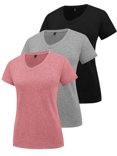 INAWLY Women's Summer Set Of Solid Color V-Neck Short Sleeve Casual T-Shirt