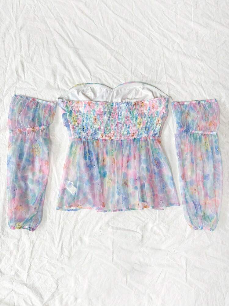 Plus Size Women's Floral Printed Off Shoulder Lantern Sleeve Blouse