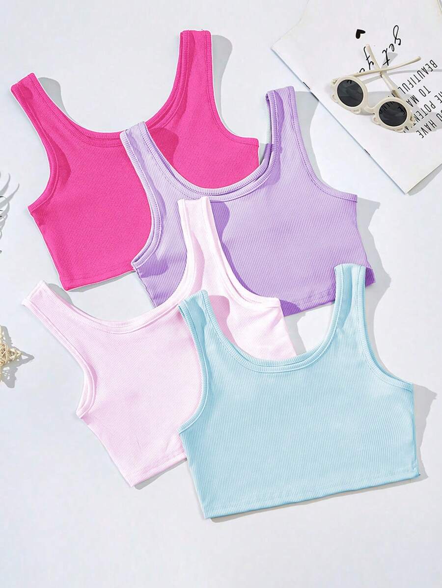 Tween Girl 4pcs/Set Solid Color Crop Tops, Perfect For Summerholiday,Summer,Travel,Getaway - Multicolor - View 1