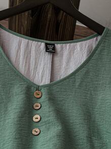 Linhara 大尺碼夏季對比色V領釦細節2合1連衣裙 - 彩色 - 查看 5