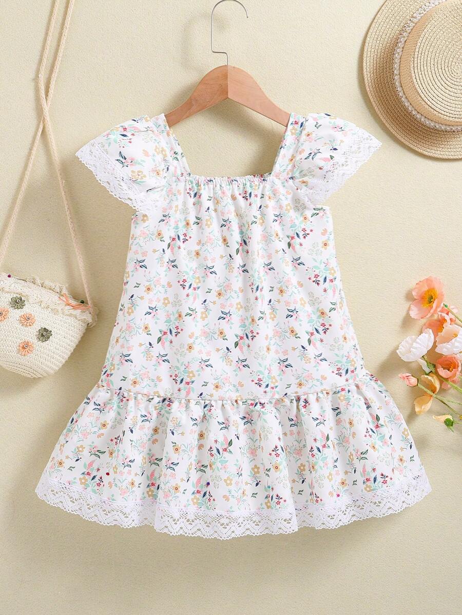 SHEIN 夏季少女休閒花卉印花與蕾絲拼接洋裝 - 彩色 - 查看 1