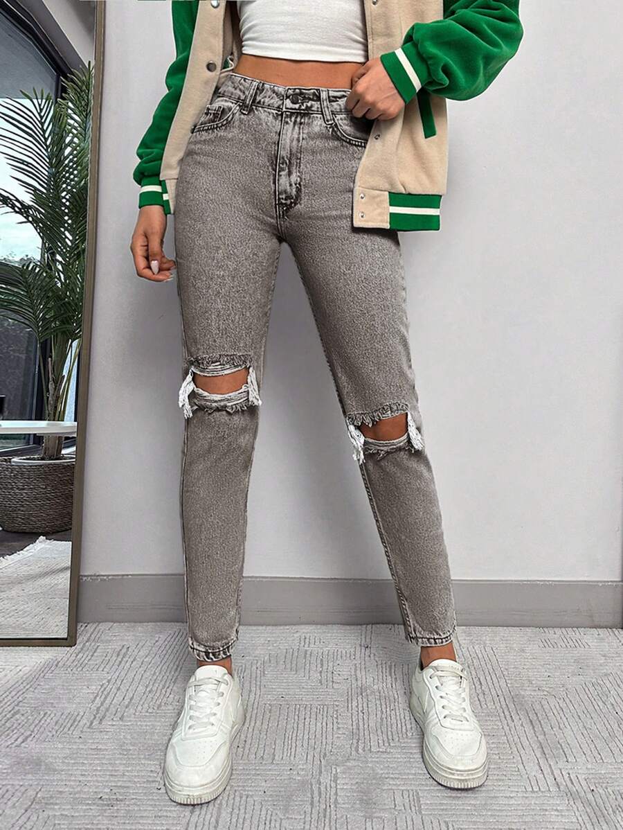 SHEIN Cottnline Slim Fit Denim Jeans With Ripped Details And Slanted Pockets - Light Grey - View 1