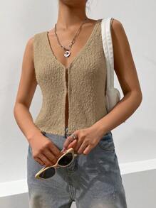 Chiquease Casual V-Neck Spring/Summer Knitted Cardigan - Khaki - View 6