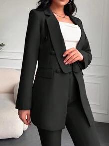 EURMUSE Solid Double Breasted Blazer & Pants - Black - View 3