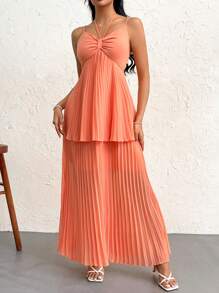 SHEIN Privé 女士夏日假日優雅清爽雪紡褶裙蛋糕吊領連身裙 - 藕粉色 - 查看 4