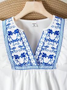 SHEIN Teen Girl Vacation Style Printed Notched Collar Ruffle Armhole Blouse