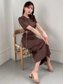 FRIFUL 泡泡袖镂空腰长裙太阳裙 - 棕色 - 查看 7