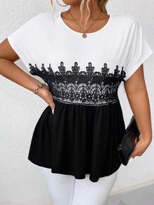 SHEIN Clasi 大尺碼對比色拼接蕾絲t恤 - 黑與白 - 查看 7