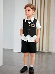 SHEIN Tânăr băiat Gentleman Style Simplu Moda Badge Decor Vestă, Pantaloni scurți, Cămașă 3buc/Set - Alb-negru - Vizualizare 6