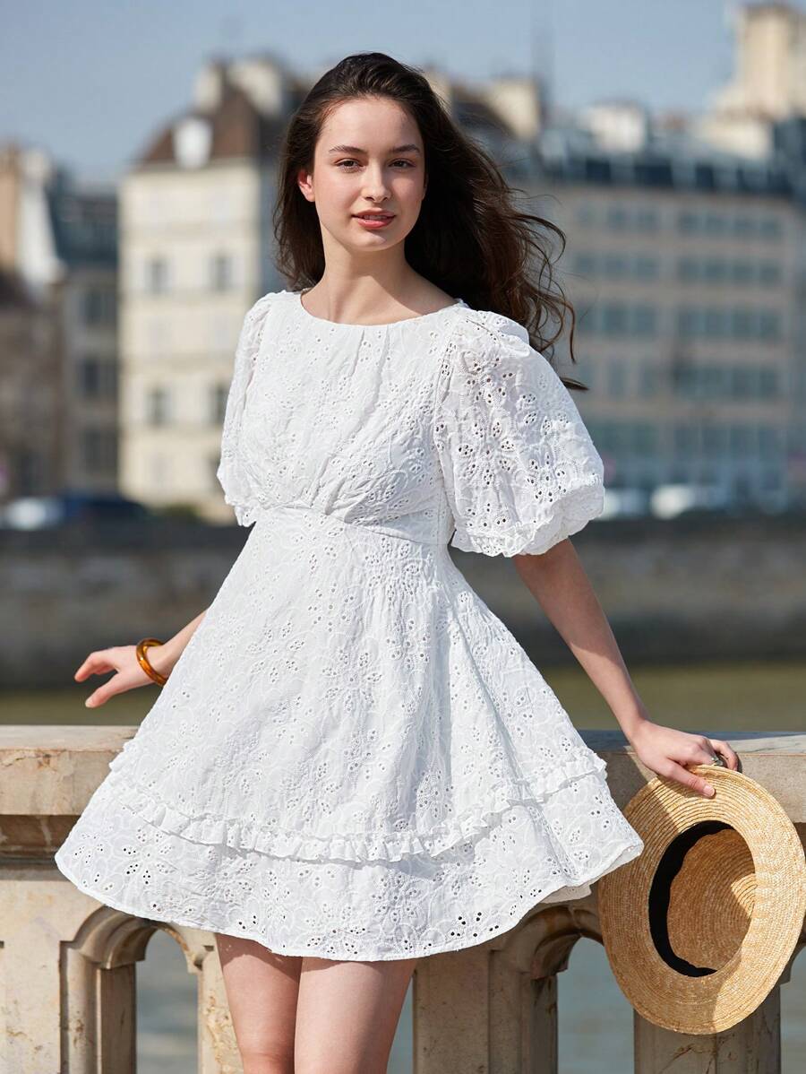 SHEIN Frenchy Summer Hollow Out Embroidery Bubble Sleeve Pleated A-Line Dress - White - View 1