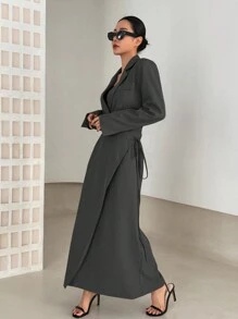 DAZY Solid Color Long Sleeve Tie-Belt Wrap Coat With Lapel Collar And Long Skirt Suit,Fall Clothes Business Attire