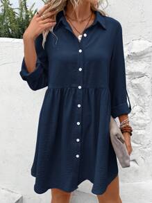 SHEIN Frenchy Ladies Solid Color Minimalist Shirt Dress With Front Buttons Winter Blue - Navy Blue - View 3