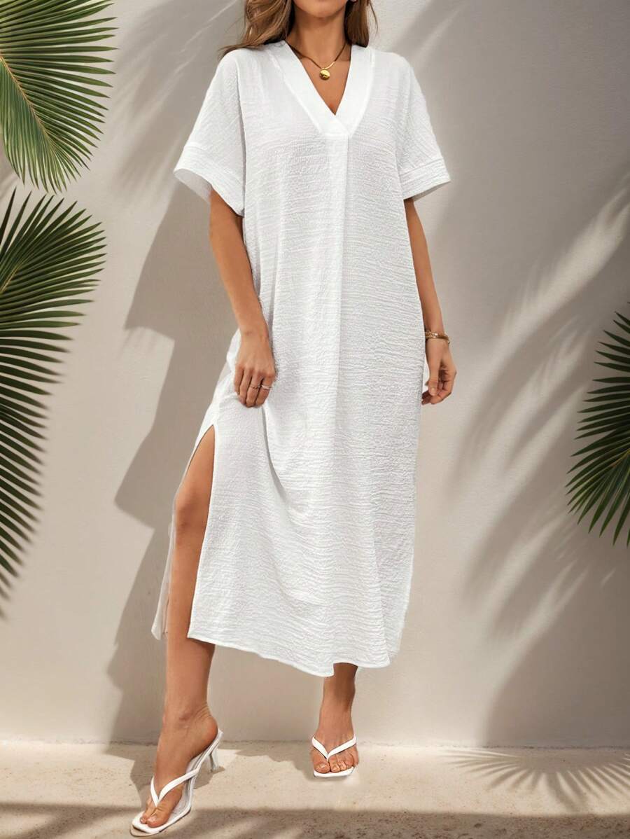 SHEIN Essnce Casual Linen Texture Loose Fit Dress With Split Hem For Home Relaxing - White - View 1