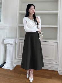 DAZY Falda elegante de línea A de unicolor con cremallera para primavera/verano, ropa de vuelta al colegio para mujeres - Negro - Ver 5