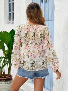 SHEIN VCAY Women's Spring/Summer Holiday Style Floral Printed Tie Neck Lantern Sleeve Blouse - Multicolor - View 2