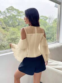 GENKIRA Solid Color Ruffle Hem Long Sleeve Shirt - Beige - View 2