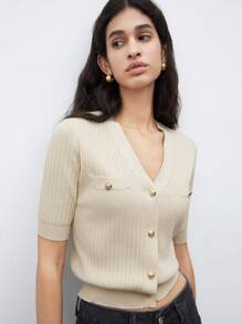 BizChic Women's Casual Solid Color V-Neck Button Front Knit Sweater, Romantic Elegant Daily Fashion Versatile Business Casual Office Wear, Autumn,Knitted Sweater - Apricot - View 4