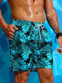 Manfinity VDAYZ Shorts de playa con estampado de hojas y cordón en la cintura para hombre, estilo hawaiano
