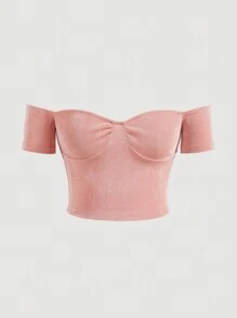 SHEIN MOD NỮ Lãng mạn Off-shoulder Áo Và Chân Váy xếp ly Với 3D Hoa Đồ trang trí Bộ Cho mùa hè - Hồng - Xem 7