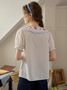 Simple Retro Summer Sweet Contrast Color Double Layer Peter Pan Collar Flower Embroidered Ruffle Trim Blouse - White - View 2