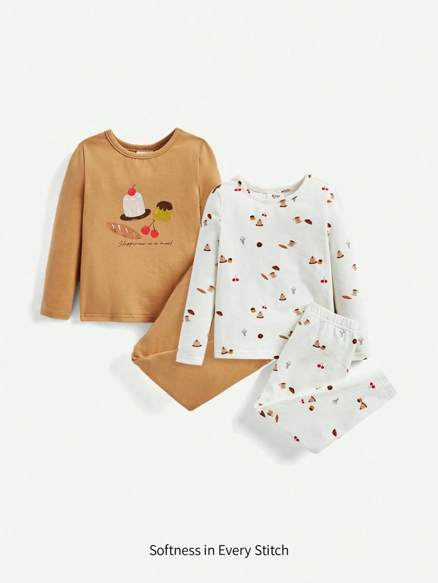 Cozy Pixies 4入組女寶寶緊身睡衣套裝,卡通圖案,包括長袖圓領上衣和長褲 - 杏色 - 查看 1