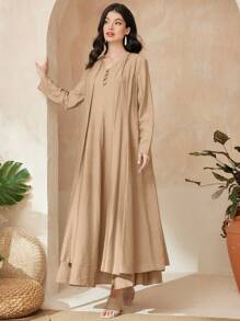 Al Najma Women's Solid Color V-Neck Fold-Pleated Coat And Dress Set - Khaki - View 6